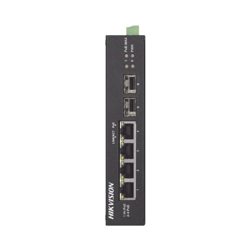 HIKVISION DS-3T0506HP-E/HS Switch Industrial No Administrable Gigabit, 3 Puertos Gigabit PoE+ (30 W) + 1 Puerto Gigabit PoE++ (60 W), 2 Puertos SFP, 65 W Total, 48 a 57 VCD, Ideal para Proyectos, 300 Metros de Distancia