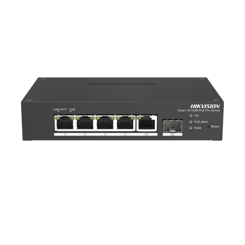 HIKVISION DS-3T1306P-SI/HS Switch PoE+ Industrial de Escritorio, Administrable, 4 Puertos 10/100 Mbps PoE+, 1 Puerto 1000 Mbps Uplink, 1 Puertos SFP, Configuración Nube Hik-PartnerPro, Modo Extendido hasta 300 Metros, 60 Watts