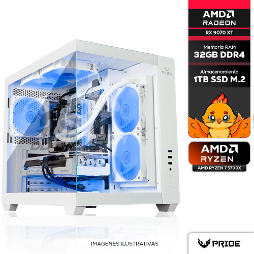 Computadora PRIDE FACTOR WHITE, AMD Ryzen 7 5700X, RX 9070 XT, 32GB RAM, 1TB M.2, Enfriamiento Líquido 240mm, 750W 80+ GOLD, INCLUYE WIFI