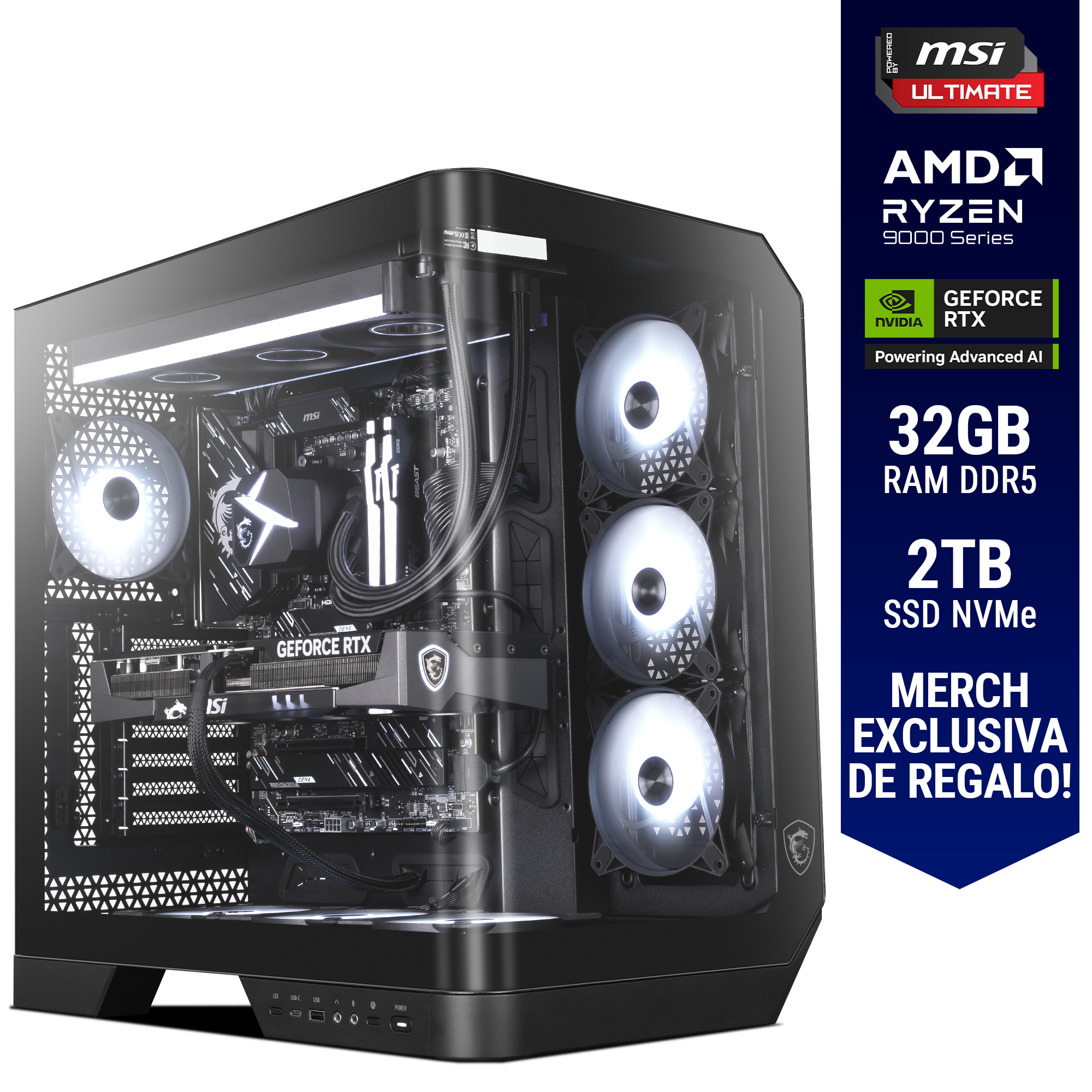 Computadora ULTIMATE PC INQUISITOR, POWERED BY MSI, RTX 5070 Ti 16GB GDDR7, AMD Ryzen 7 9700X, 32GB RAM DDR5, 2TB SSD M.2 PCIe Gen4, 850W 80+ GOLD, WiFi y Bluetooth, Licencia Windows 11 de regalo, MSIULT, RTXS50