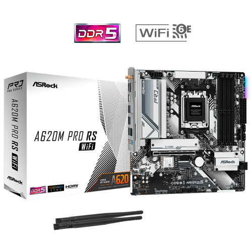 Tarjeta Madre ASRock A620M PRO RS WIFI, Micro-ATX, AM5, AMD A620, HDMI, Up to 192GB DDR5, A620M PRO RS WIFI