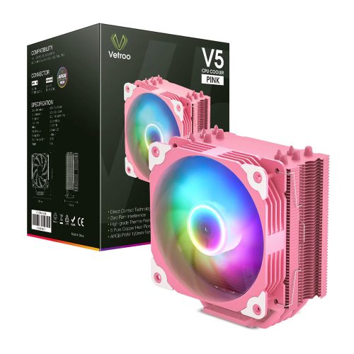 Disipador para CPU Disipador y Ventilador Led para Procesador Vetroo V5 Pink RGB - 120mm X1 Intel y AMD, VT-CPU-V5-PK