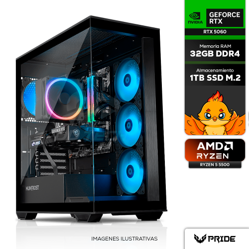 Computadora PRIDE GAMING BLACK LION V2, AMD Ryzen 5 5500, GeForce RTX 5060, 32GB RAM, 1TB SSD M.2, DISIPADOR 120MM, 650W 80+ BRONZE