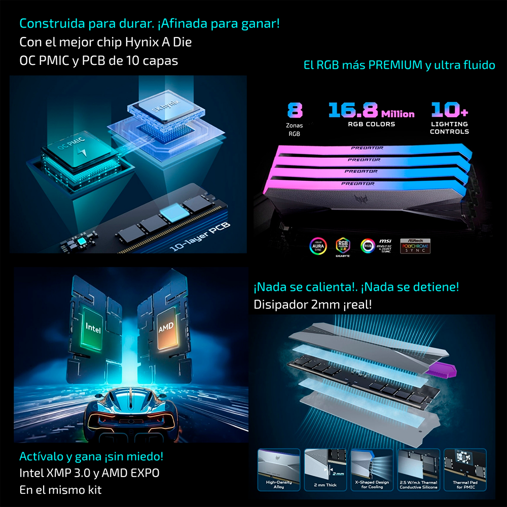 Kit Memoria RAM RGB PREDATOR Hera DDR5, 6400 MT/s, 32GB (2x16GB), Non ECC, XMP 3.0 y AMD EXPO, CL32, Color Plata, Chip Hynix A Die, OC PMIC, RGB Premium, Disipador 2mm, BL.9BWWR.476, NEWB, NEWB2 /MAX. 1 X CLIENTE - Image 3