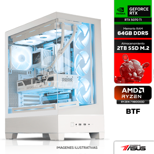 Computadora PRIDE GAMING PBA WHITE SEAL V2, AMD RYZEN 7 9800X3D, NVIDIA GeForce RTX 5070 TI 16GB OC BTF, 64GB DDR5 5600 MT/s, 2TB M.2 NVME, 850W 80+ GOLD, INCLUYE WIFI Y BT, EDICION BTF SIN CABLES FRONTALES