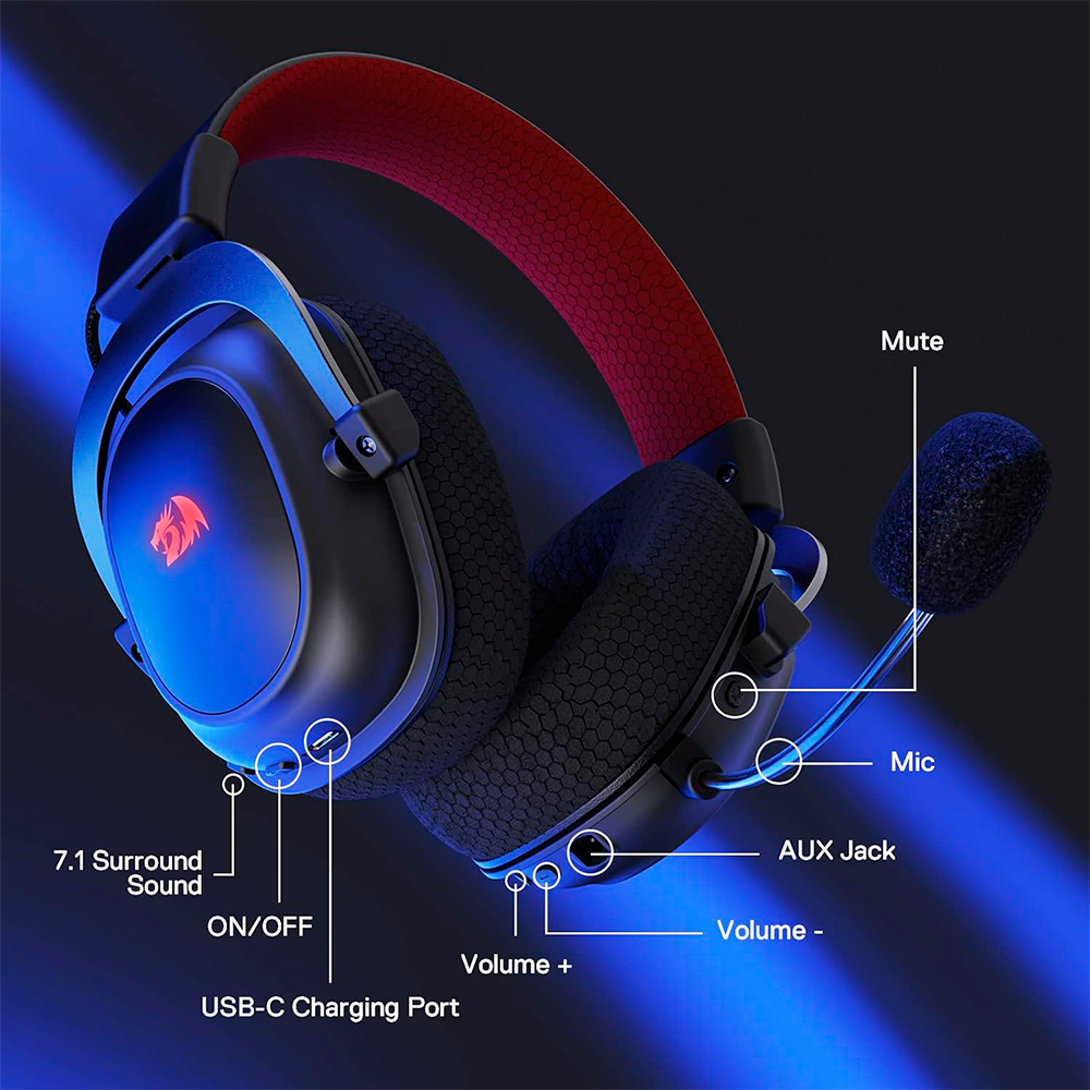 Diadema Gamer Redragon ZEUS PRO H510, Inalámbricos, Sonido envolvente 7.1, Controladores de Audio de 53 mm en Almohadillas Para Orejas de Espuma Viscoelástica, H510-PRO/ NAVIDAD - Image 6