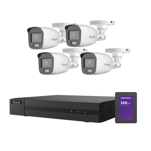 HiLook by HIKVISION HL-1080-CV/A/512GB Kit TurboHD 1080p + SSD 500 GB, DVR 4 Canales, 4 Cámaras Bala ColorVu con Micrófono Integrado, Fuente de Poder, Accesorios de Instalación