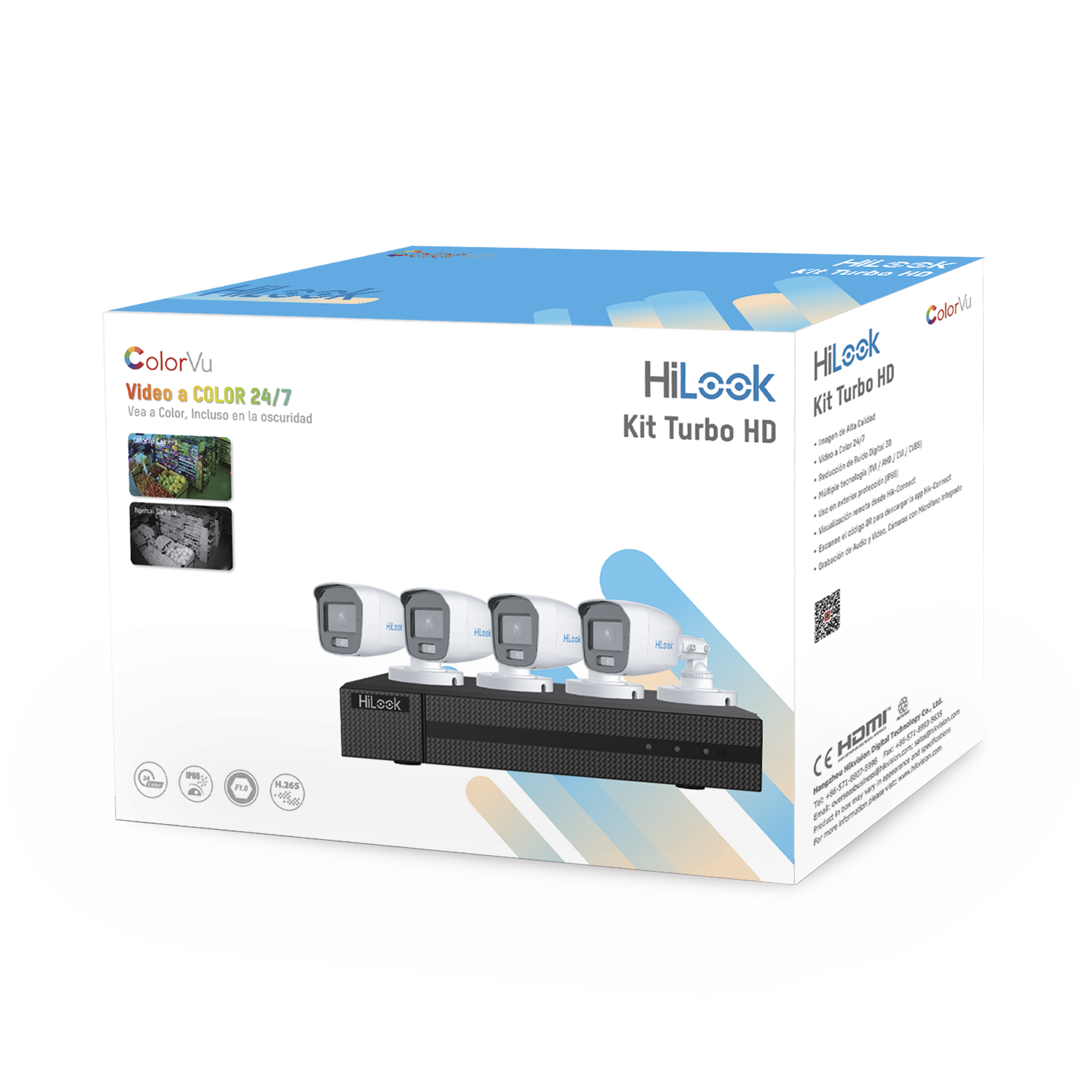 HiLook by HIKVISION HL-1080-CV/A Kit TurboHD 1080p, DVR 4 Canales, 4 Cámaras Bala ColorVu con Micrófono Integrado, Fuente de Poder, Accesorios de Instalación