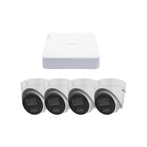 HIKVISION KIPCV2M/4T Kit IP 1080p (2 Megapixel), NVR de 4 Canales con 4 Puertos PoE, 4 Cámaras IP Turret con Micrófono Integrado, ColorVu y ACUSENSE Lite