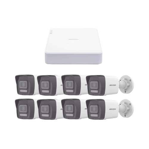 HIKVISION KIPCV2M/8B Kit IP 1080p (2 Megapixel), NVR de 8 Canales con 8 Puertos PoE, 8 Cámaras IP Bala ColorVu Lite y ACUSENSE Lite, Micrófono Integrado