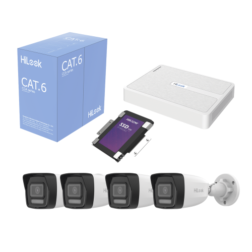HiLook by HIKVISION KIPH4B/SSD1TB Kit IP 2 Megapixel, NVR de 8 Canales con 8 Puertos PoE, 4 Cámaras IP Bala para Exterior, Micrófono Integrado, Bobina de Cable de 305 mts, SSD 1 TB