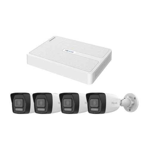 HiLook by HIKVISION KIPH4B4MP/A Kit IP 2 Megapixel, NVR de 8 Canales con 8 Puertos PoE, 4 Cámaras IP Bala para Exterior, Micrófono Integrado