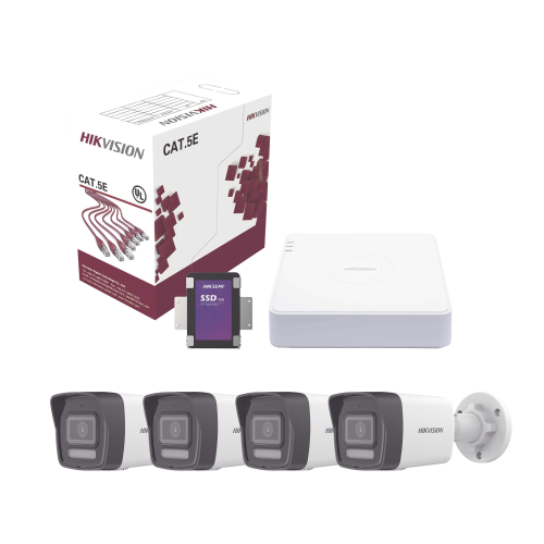 HIKVISION KIT4MP/4B/1TB Kit IP 4 Megapixel, NVR de 4 Canales con 4 Puertos PoE, 4 Cámaras IP Bala Dual Light (IR + Luz Blanca) con Microfono Integrado y ACUSENSE Lite para Exterior/ Bobina de Cable de 100 mts, SSD de 1 TB