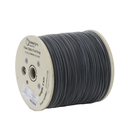 LINKEDPRO BY EPCOM LPDROPA21C/2KM Carrete de 2 km de Fibra Óptica Drop Plana, Interior/Exterior G.657A2 Monomodo de 1 hilo (unifibra), Dieléctrica, Forro Negro, Compatible con Conectores FASC, FASCUP, FASCLC