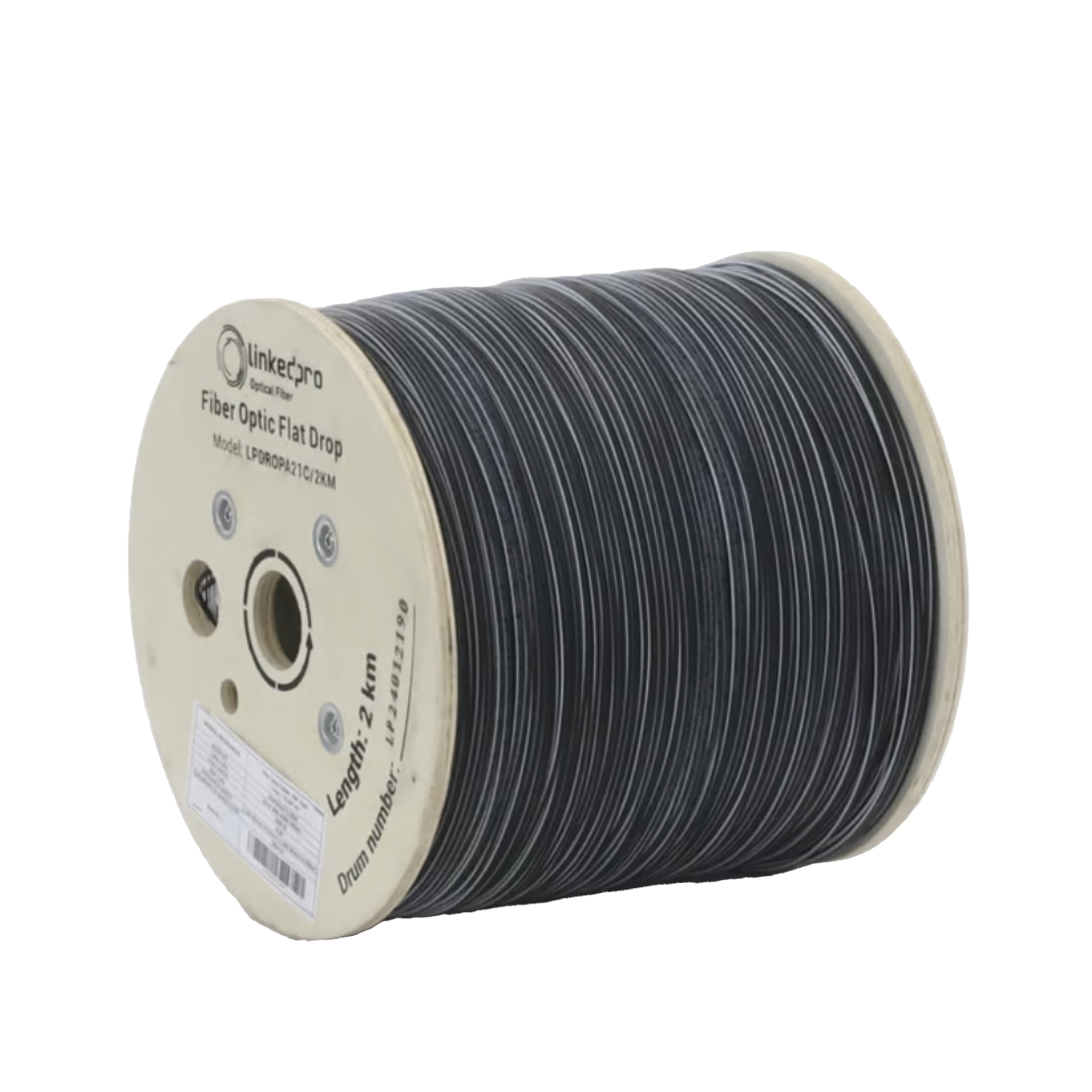 LINKEDPRO BY EPCOM LPDROPA21C/2KM Carrete de 2 km de Fibra Óptica Drop Plana, Interior/Exterior G.657A2 Monomodo de 1 hilo (unifibra), Dieléctrica, Forro Negro, Compatible con Conectores FASC, FASCUP, FASCLC