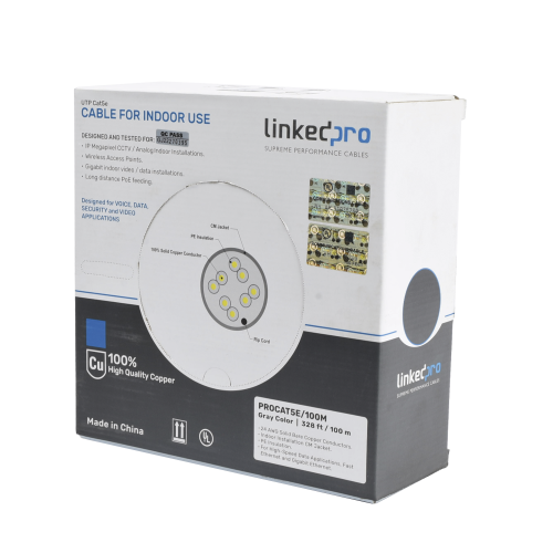 LINKEDPRO BY EPCOM PRO-CAT-5E/100M Cable Cat5e de alto rendimiento, con certificaciones ETL, UL, color gris, de 100 m ( 328 ft ) para aplicaciones en CCTV, redes de datos. Uso interior.