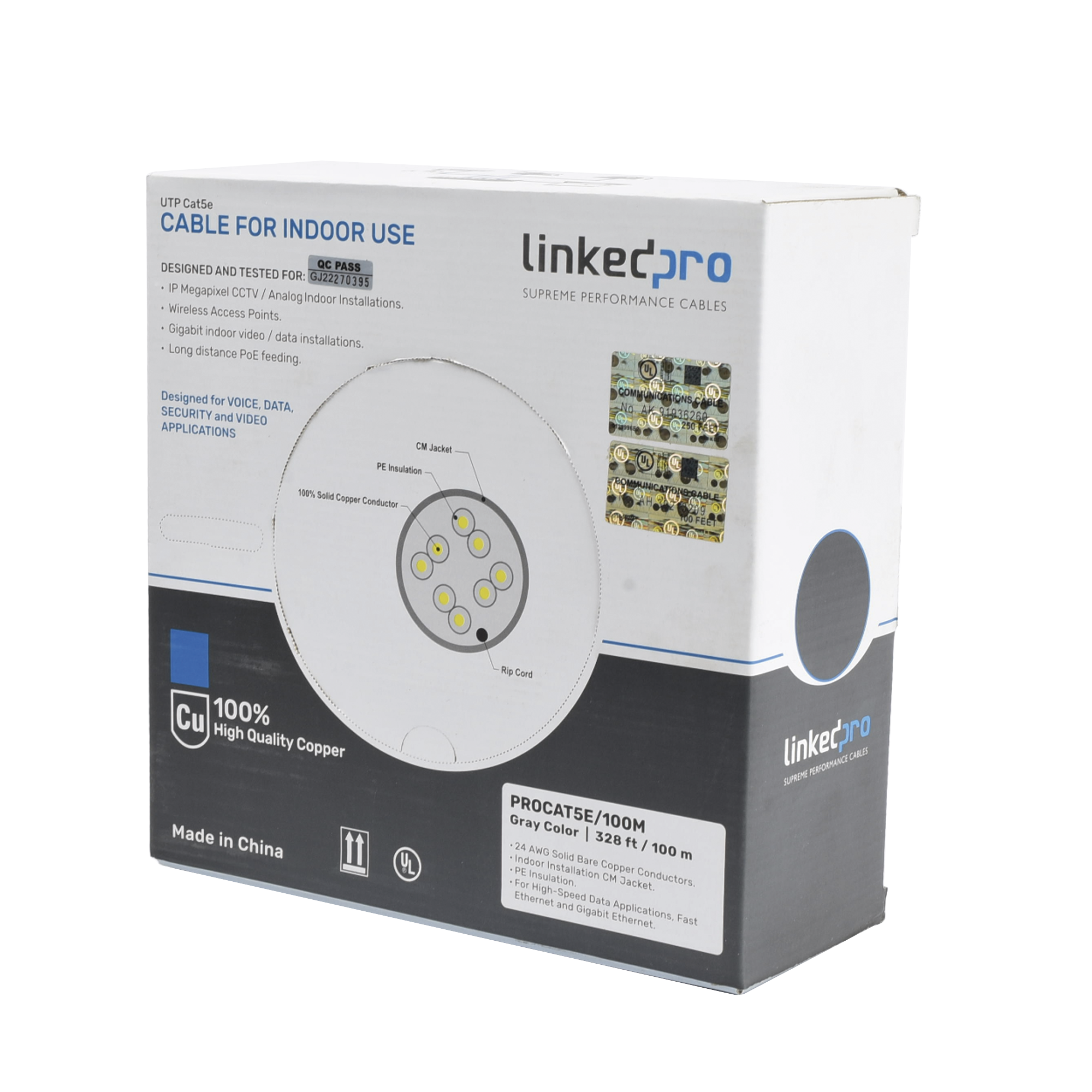 LINKEDPRO BY EPCOM PRO-CAT-5E/100M Cable Cat5e de alto rendimiento, con certificaciones ETL, UL, color gris, de 100 m ( 328 ft ) para aplicaciones en CCTV, redes de datos. Uso interior.