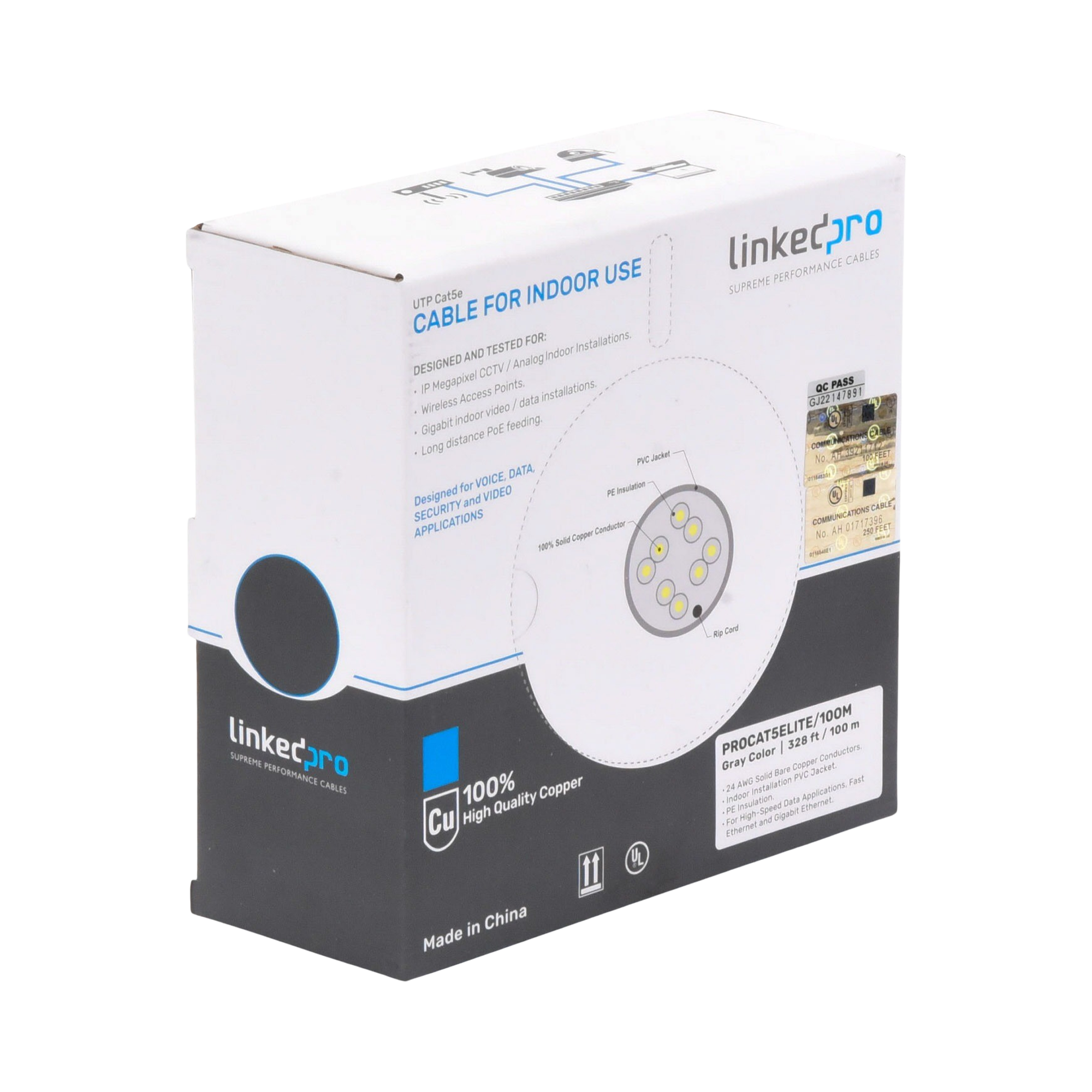 LINKEDPRO BY EPCOM PRO-CAT-5E-LITE/100M Bobina de cable de 100m, Cat5e, 24 AWG, color Gris, UL, para aplicaciones en videovigilancia, redes de datos. Uso Interior