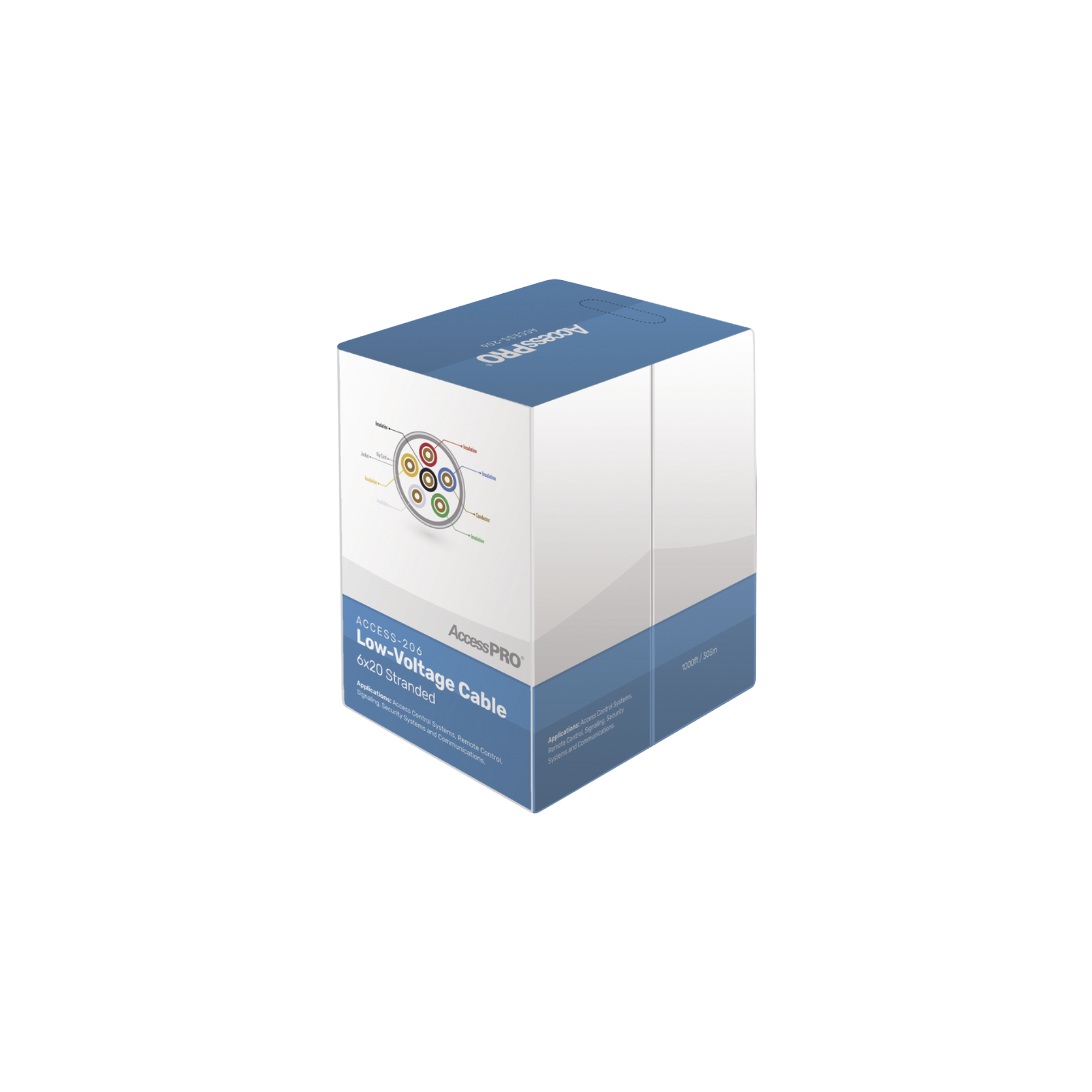 ACCESSPRO ACCESS-206 Bobina de 305 metros con 6 conductores de cobre trenzado calibre 20, aislamiento individual de FRPVC de alta calidad, cubierta exterior de PVC con protección anti-flama CM. Para aplicaciones de control de acceso