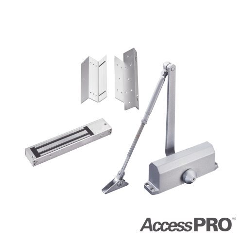 ACCESSPRO ACCESSKIT600N Kit para control de acceso incluye Chapa magnética de 600Lbs, Montajes L y Z, Cierra puerta para 45-65Kg.