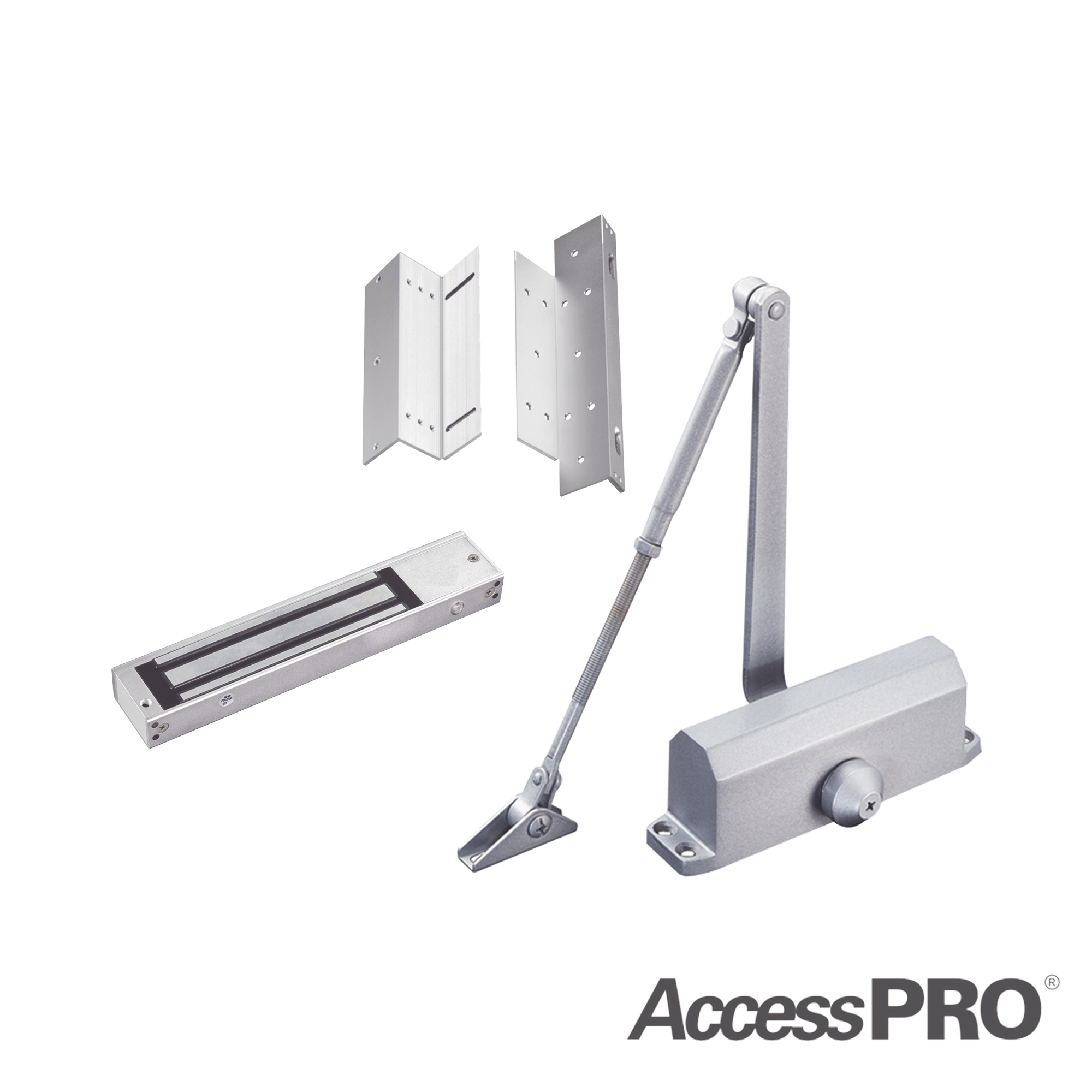 ACCESSPRO ACCESSKIT600N Kit para control de acceso incluye Chapa magnética de 600Lbs, Montajes L y Z, Cierra puerta para 45-65Kg.