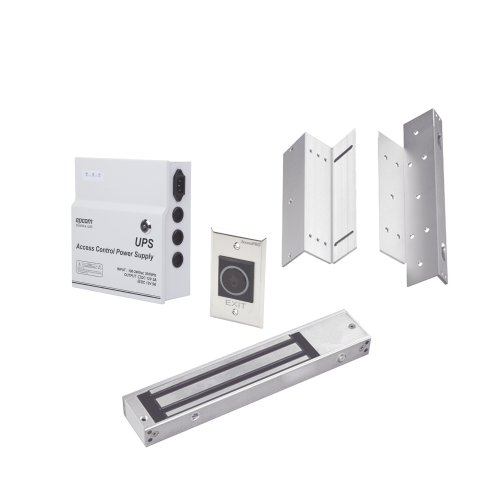 ACCESSPRO KITMAG12V Kit para control de acceso incluye Fuente de 12VCD con respaldo de batería/ Chapa magnética de 600Lbs, Montajes L y Z, Botón de salida