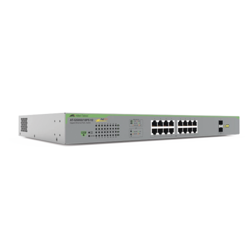 ALLIED TELESIS AT-GS950/18PS-V2-10 Switch PoE+ Gigabit WebSmart de 16 puertos 10/100/1000 Mbps (2 x Combo) + 2 puertos gigabit SFP (Combo), 185 W
