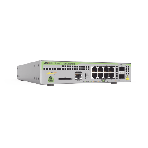 ALLIED TELESIS AT-GS970M/10PS-R-10 Switch PoE+ Administrable CentreCOM GS970M, Capa 3 de 8 Puertos 10/100/1000 Mbps + 2 SFP Gigabit, 124 W