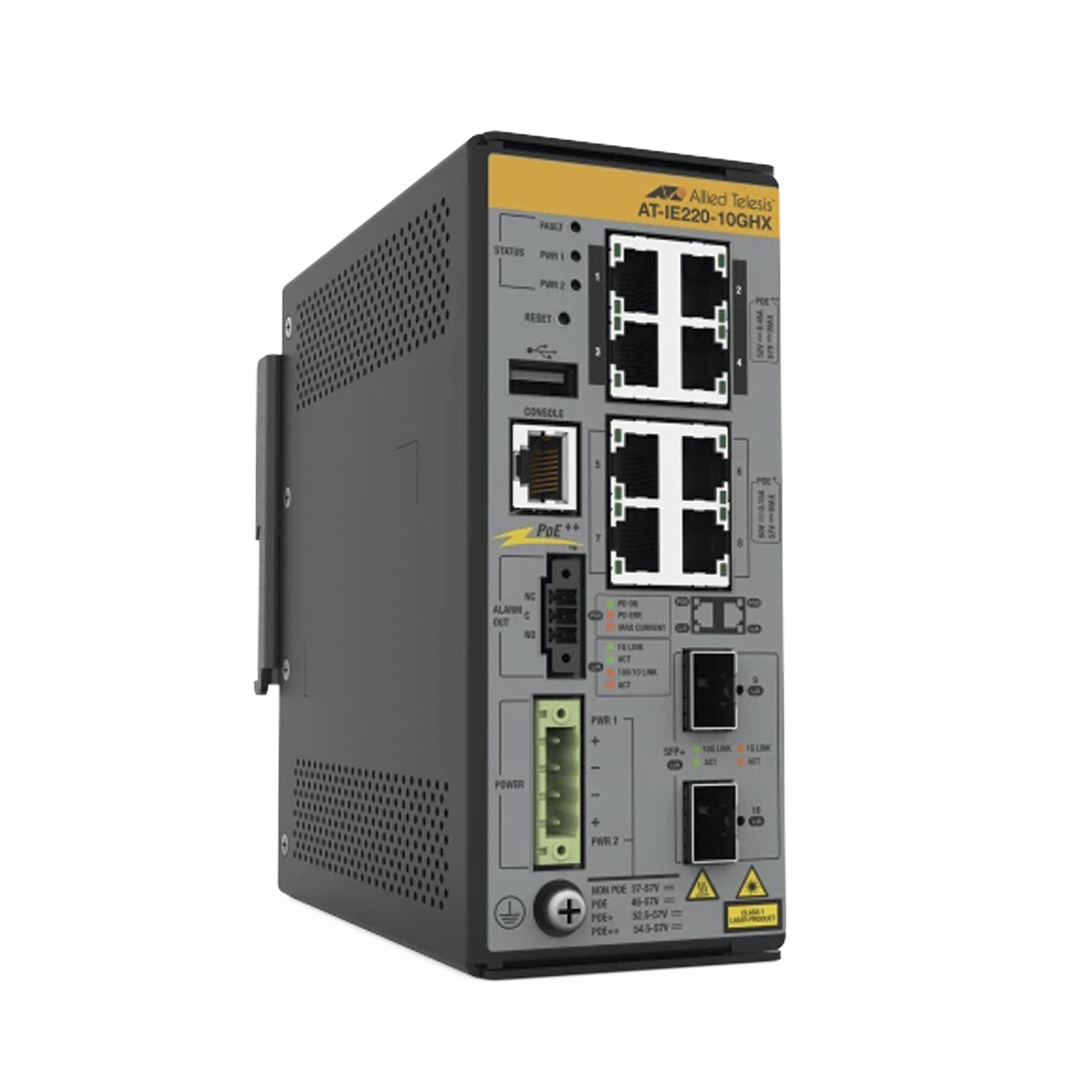 ALLIED TELESIS AT-IE220-10GHX-980 8x 10/100/1000T, 2x 1G/10G SFP+, Industrial Ethernet, Layer 2+ Switch, PoE++ (TAA)