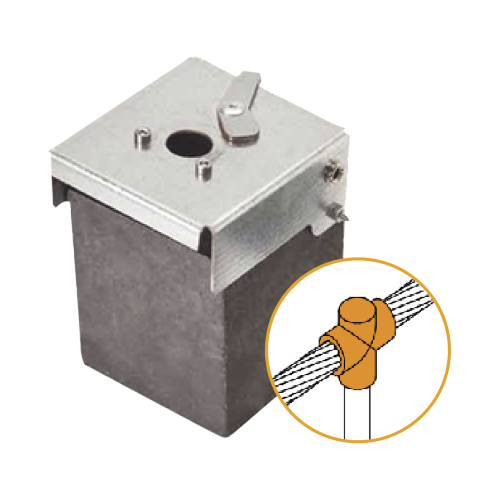 APLICACIONES TECNOLOGICAS ATW40/T16/TV Molde de grafito vertical unión en T vertical de cable 4/0 AWG (pasante) con Pica de 5/8 in (terminal).