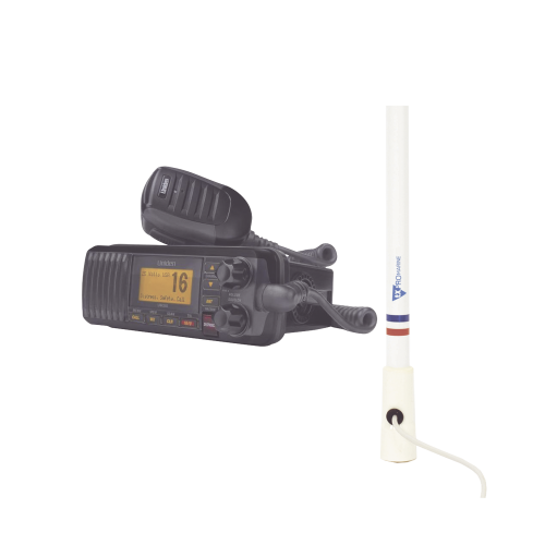 UNIDEN UM-385BK/KIT5206 Kit de radio UM385BK | mas antena marina de fibra de vidrio TX-5206-SYS y soporte para antena 4186