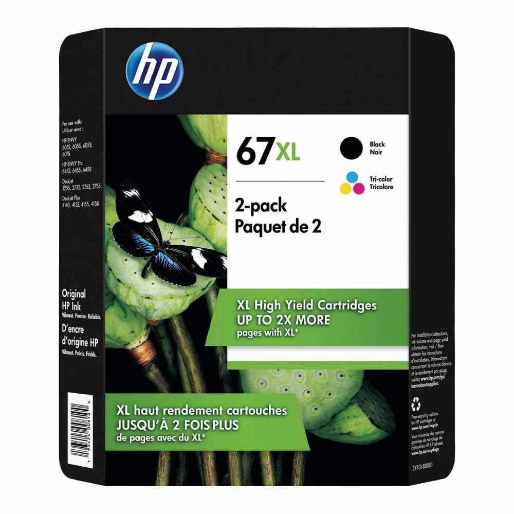 CARTUCHO OF TINTA HP 67 TRICOLOR/BLACK TINTA CARTUCHOS 67XL (PAQUETE DE 2), COMPATIBLE WITH DESKJET 1255, SERIES 2700, SERIES 4100 ENVY 6000, 3YP31BN