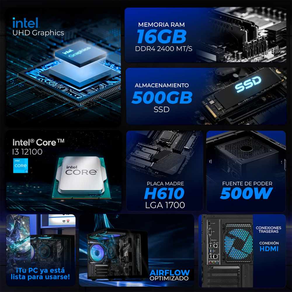 COMPUTADORA XTREME PC GAMING CM-05581, INTEL CORE I3-12100, 16GB, 500GB SSD, WI-FI, SIN SISTEMA OPERATIVO + TECLADO MOUSE MONITOR DE 24, XTBRI316GBHD730MTGB