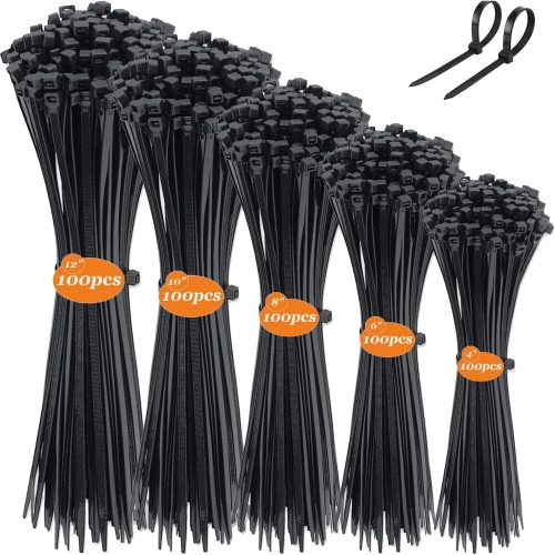 500 PCS CINCHOS DE PLÁSTICO AUTOBLOQUEANTES PARA ELECTRICIDAD – 5 TAMAÑOS (10/15/20/25/30 CM) – RESISTENTES A RAYOS UV – USO EN OFICINA, HOGAR Y EXTERIORES – COLOR NEGRO