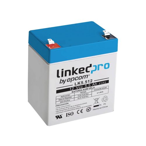 BATERÍA LINKEDPRO BY EPCOM 12 V, 5.5 AH, UL, VIDA ÚTIL PROMEDIO 5 AÑOS, TECNOLOGÍA AGM, PARA USO EN EQUIPO ELECTRÓNICO, ALARMAS DE INTRUSIÓN, INCENDIO, CONTROL DE ACCESO, VIDEO VIGILANCIA, TERMINALES F1 (INCLUYE ADAPTADOR F2), LK5.512