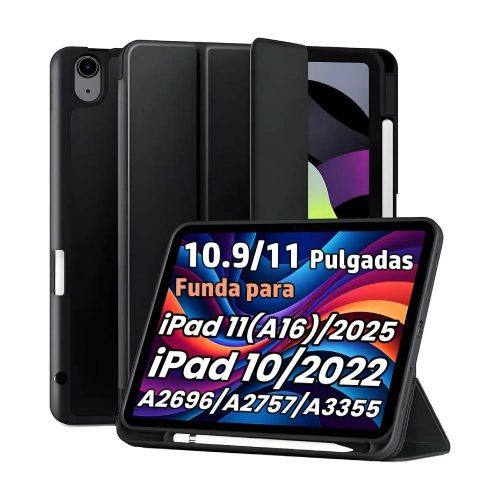 FUNDA PLEGABLE PARA IPAD DE 11 Y 10 GENERACIÓN NEGRA CON SOPORTE AJUSTABLE Y PARA LÁPIZ