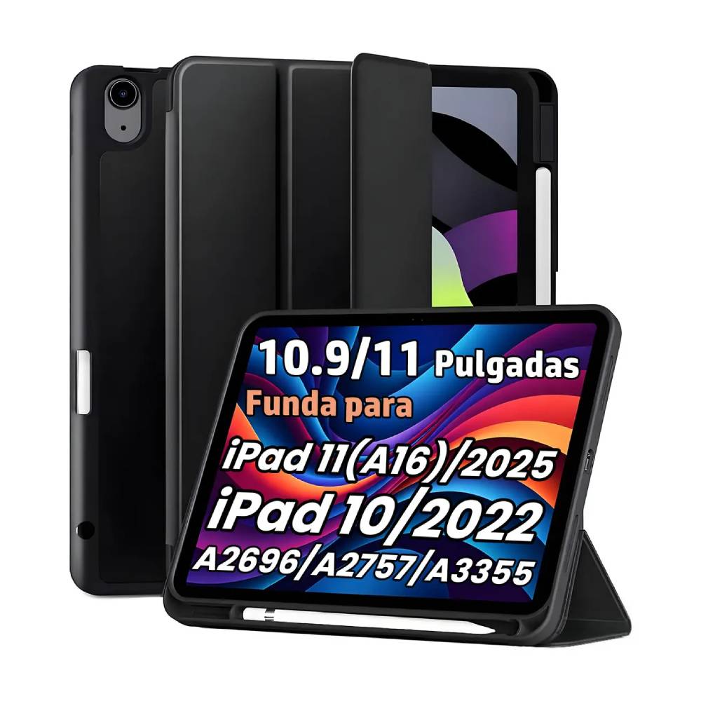 FUNDA PLEGABLE PARA IPAD DE 11 Y 10 GENERACIÓN NEGRA CON SOPORTE AJUSTABLE Y PARA LÁPIZ