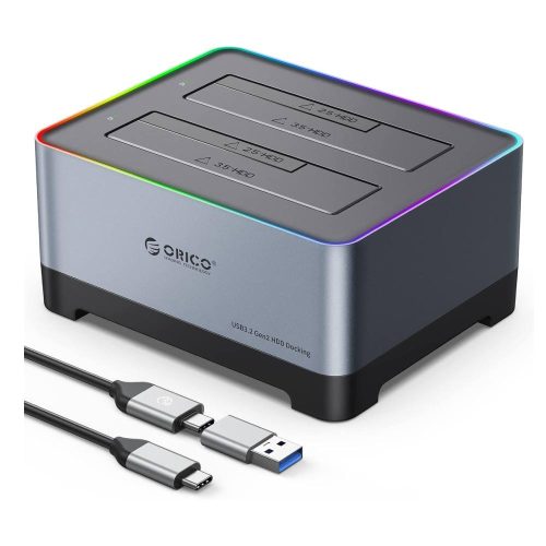 ORICO ESTACIÓN DE ACOPLAMIENTO PARA DISCO DURO USB 3.2 GEN 2 A SATA I/II/III 2.5 O 3.5 PULGADAS HDD SSD DE ALEACIÓN DE ALUMINIO RGB GAMING DOCK DE HASTA 18 TB