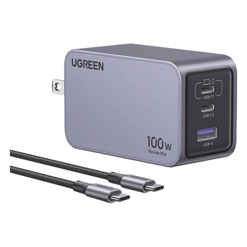 CARGADOR UGREEN DE 100W SERIE NEXODE PRO, 3 PUERTOS DE CARGA RÁPIDA, 2 USB-C, 1 USB-A, TECNOLOGÍA GANINFINITY, PD3.1 DE 100W, QC4.0, TECNOLOGÍA DE PROTECCIÓN TÉRMICA, OPTIMIZA LA CARGA, CAJA DE ALUMINIO, INCLUYE CABLE, 25873